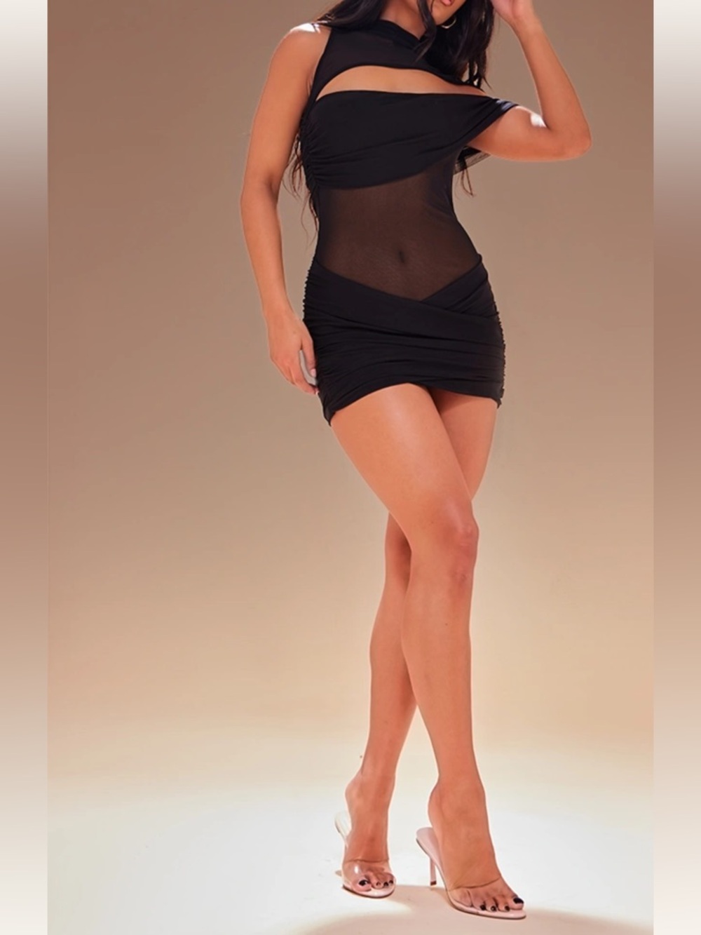 PRETTYLITTLETHING BLACK DOUBLE LAYER MESH TWIST DETAIL BODYCON DRESS 
NEW W/TAGS